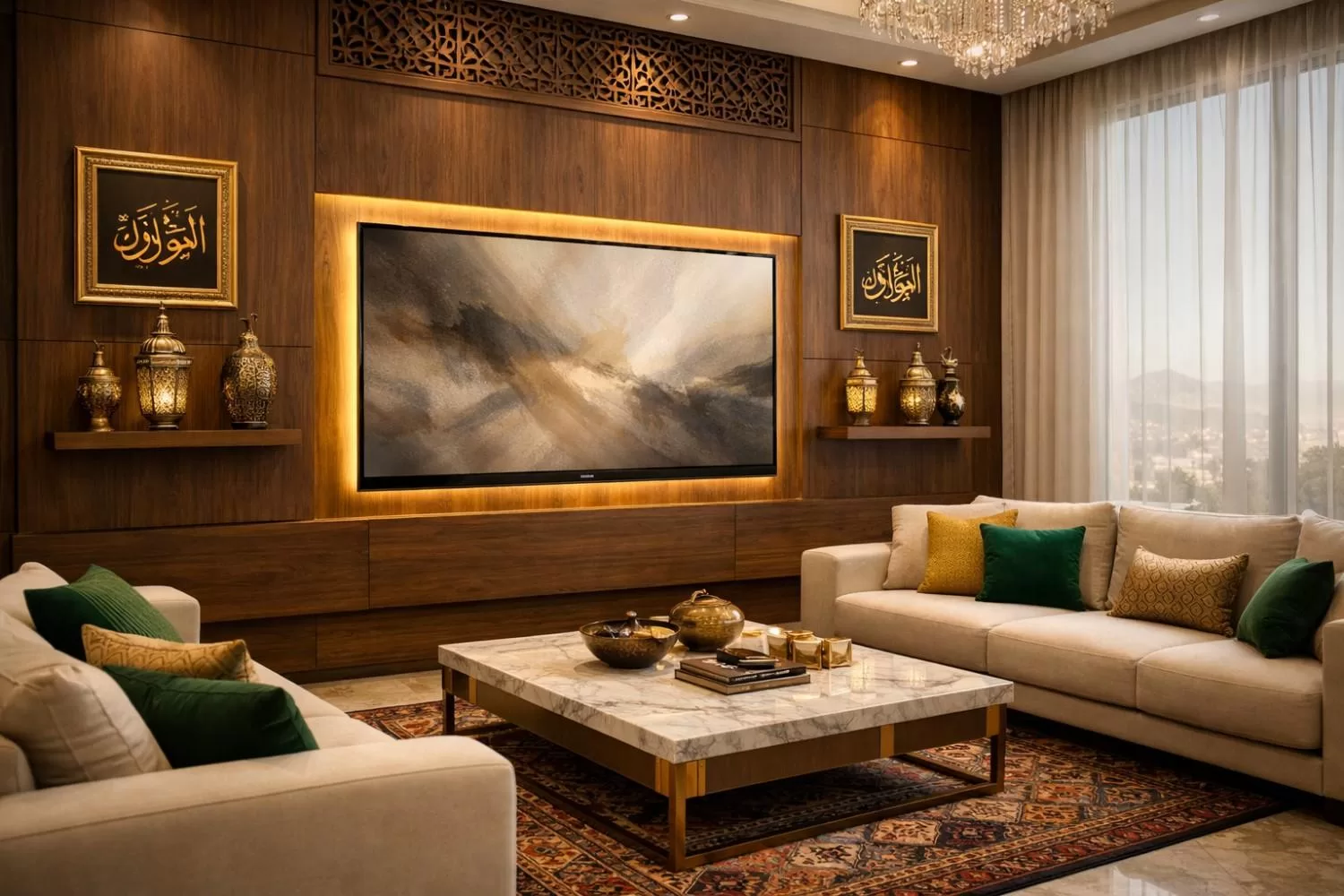 Creative way to display your TV integrated into gallery wall with Arabic calligraphy artwork in Muscat home