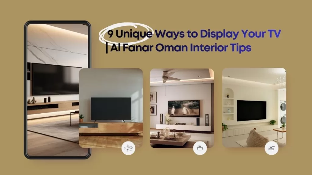 How to display your TV elegantly - modern luxury living room in Oman featuring wall-mounted television with ambient lighting and Arabian interior design