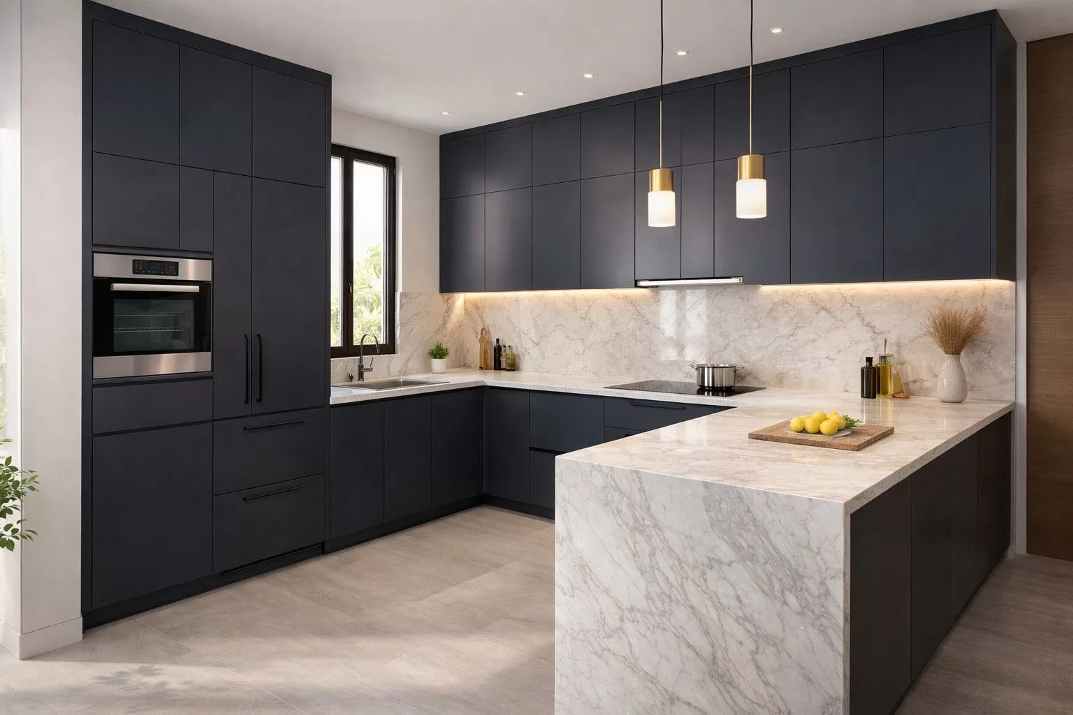 Modern modular kitchen cabinet design with full-height storage tower and integrated appliances — kitchen remodel Oman