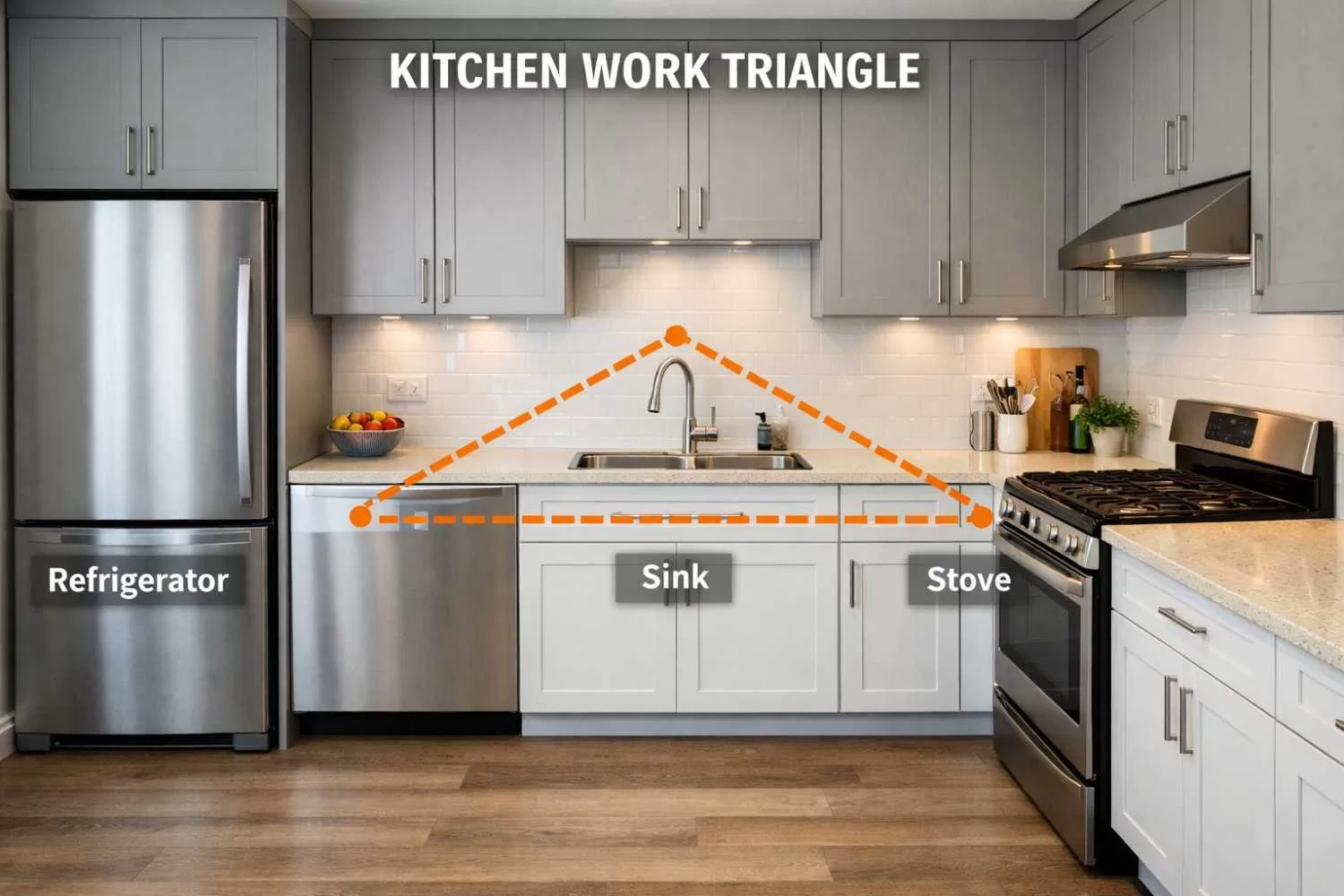 Kitchen work triangle diagram showing refrigerator sink and stove placement in modular kitchen design